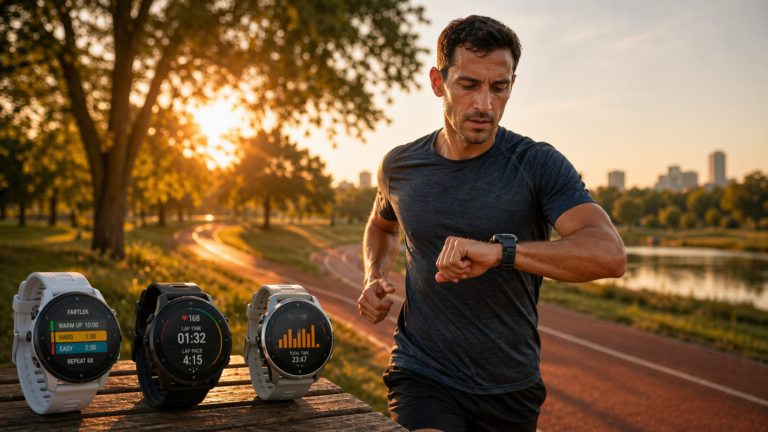 Runner checking a GPS watch during a golden-hour workout with several running watches displayed in the foreground.