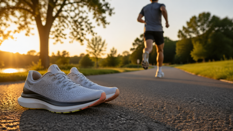 Running shoes in the foreground on a paved park path at golden hour, with a runner moving away in the background.