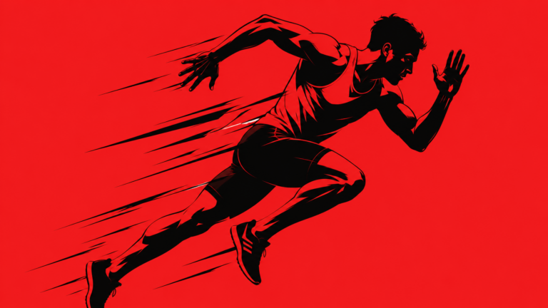 Bold red and black graphic illustration of a runner sprinting at full speed in a dynamic diagonal composition.