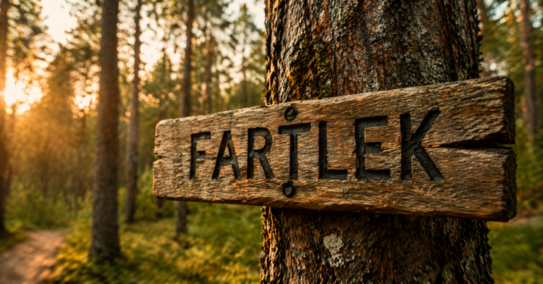 Weathered wooden trail sign reading FARTLEK mounted on a pine tree in a sunlit forest, with soft-focus pines and warm golden morning light in the background.