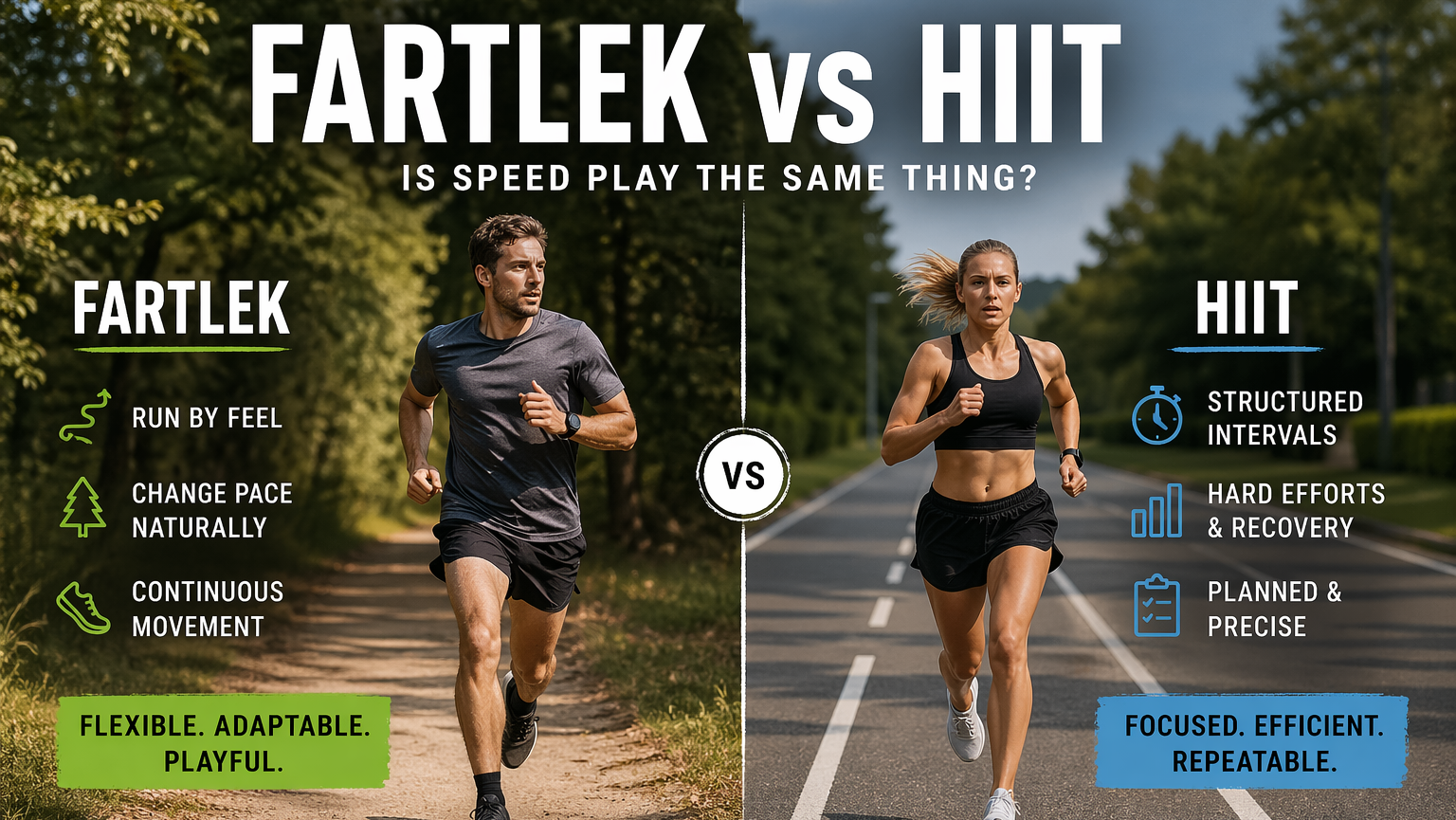 Split comparison image showing a runner on a natural trail representing fartlek and a runner on a paved road representing HIIT.