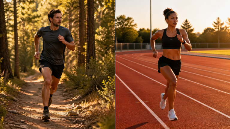 Split image showing a runner surging along a forest trail on one side and a runner striding in lane two on a red track on the other, both lit by warm golden light.
