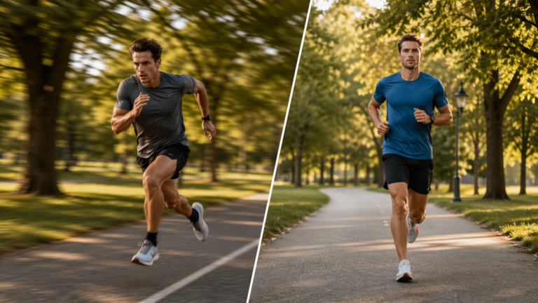 Split image showing a runner sprinting on one side and a runner maintaining a steady pace on the other, illustrating fartlek vs tempo running.