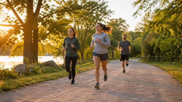 Beginner runners doing a relaxed fartlek workout on a scenic riverside path at golden hour.