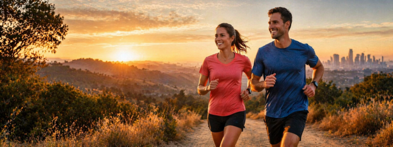 Beginner runners doing a relaxed fartlek workout on a scenic trail at golden hour.