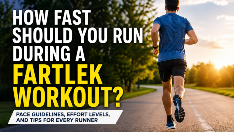 Runner on a sunlit park path with text overlay about how fast to run during a fartlek workout.