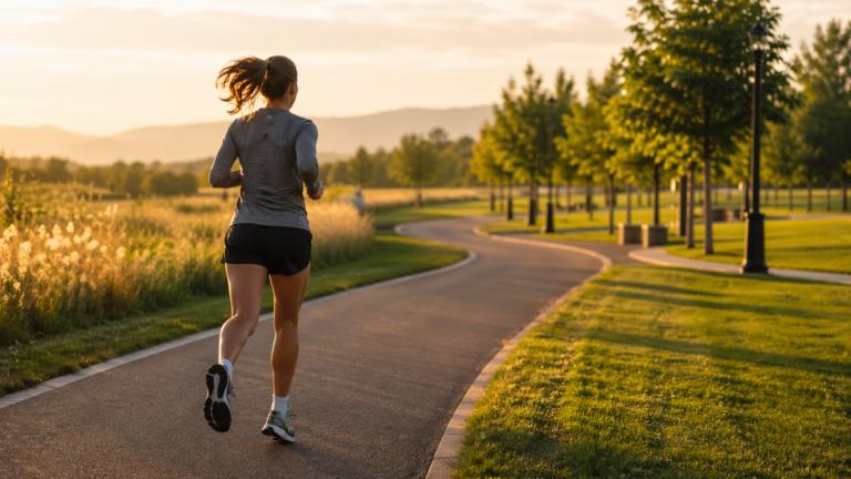 Runner moving along a winding park path at golden hour, representing the steady, flexible rhythm of a fartlek workout.