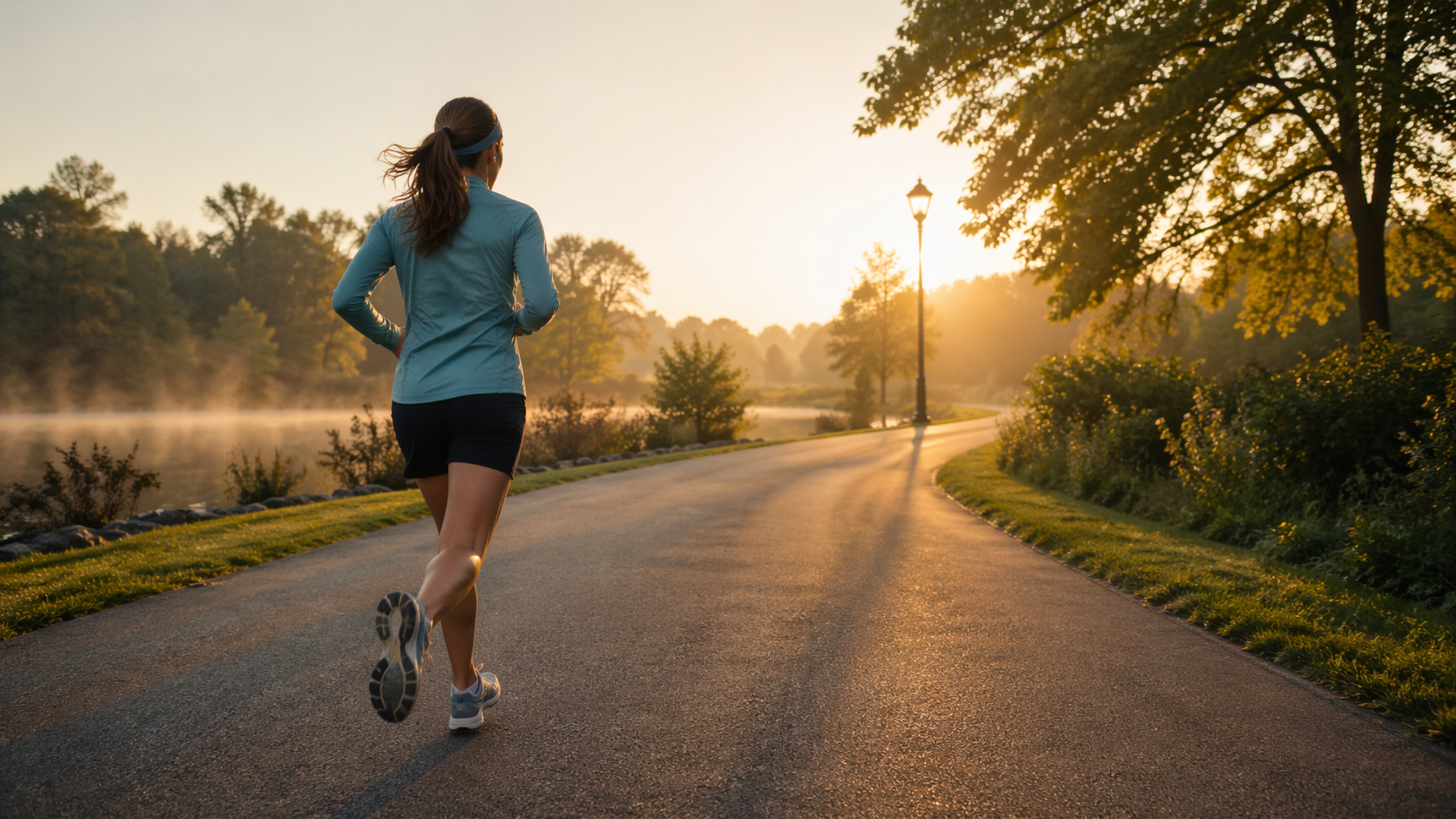 Runner jogging along a quiet park path at sunrise, representing the simple and approachable start of a first fartlek run.