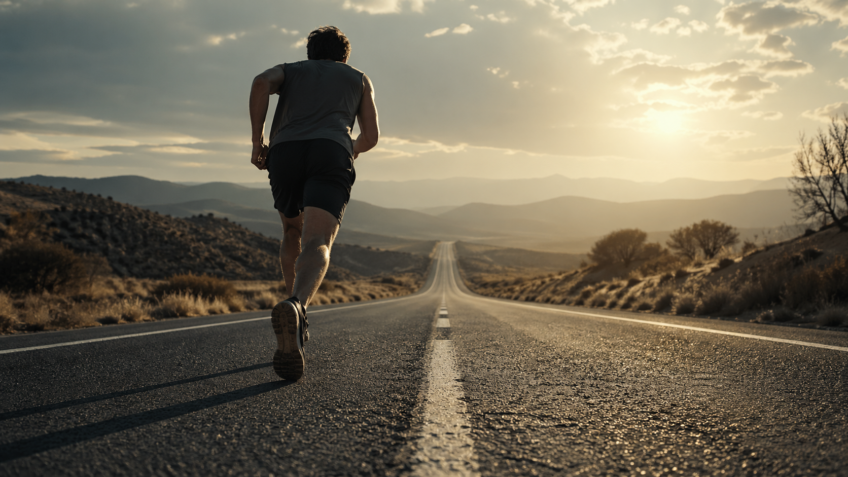Runner pushing hard on an open road at sunset, seen from behind at a low angle with long shadows stretching ahead.