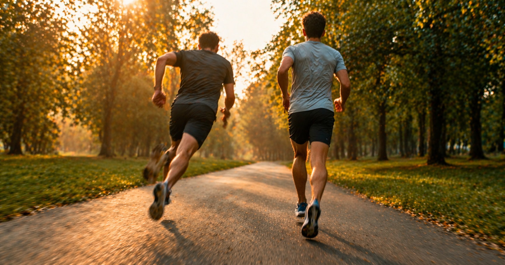 Two runners on a wide park path at sunrise, seen from behind: one leaning forward in a hard sprint with slight motion blur, the other running upright in a steady controlled stride.