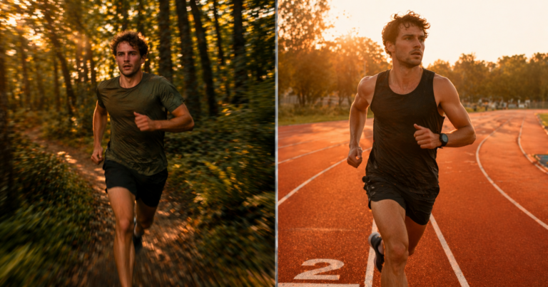 Split image showing a runner surging along a forest trail on one side and a runner striding in lane two on a red track on the other, both lit by warm golden light.
