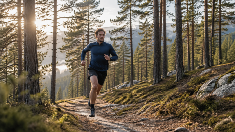 Runner moving along a forest trail at sunrise, reflecting the outdoor roots and free-flowing spirit of fartlek training.