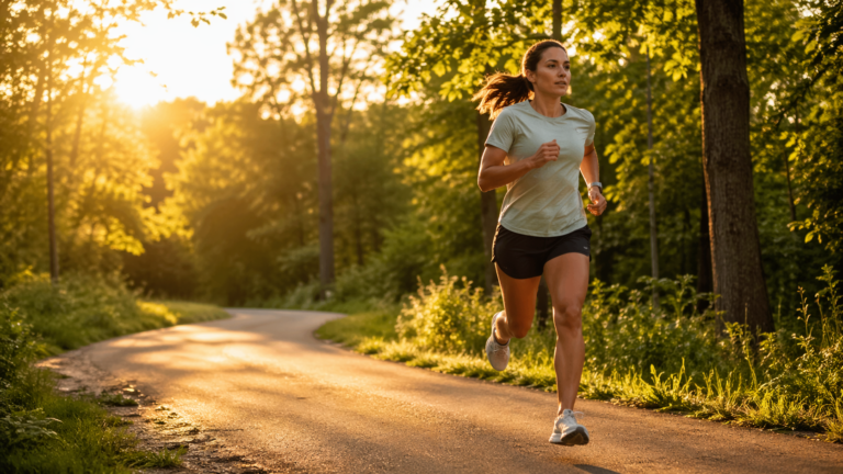 Runner moving along a winding park path at golden hour, representing the varied pace and natural flow of fartlek training.
